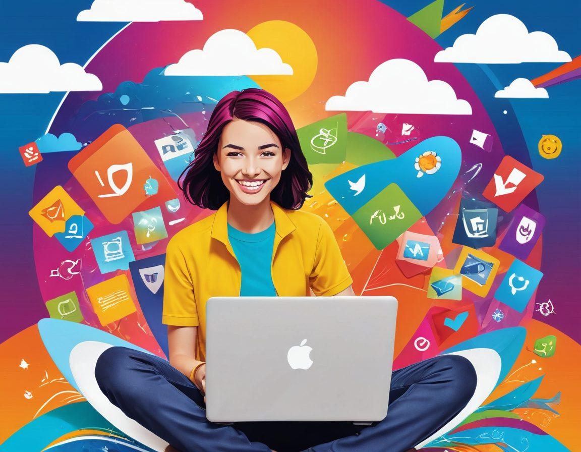 A vibrant digital landscape showcasing a person joyfully surfing the web on a laptop, surrounded by colorful, friendly websites represented as smiling icons and symbols. Include elements of a safe and secure online atmosphere, like shields and locks, blending harmoniously into the scene. Bright colors and a dynamic sky symbolize online liberation and happiness. cartoon style. vibrant colors. white background.