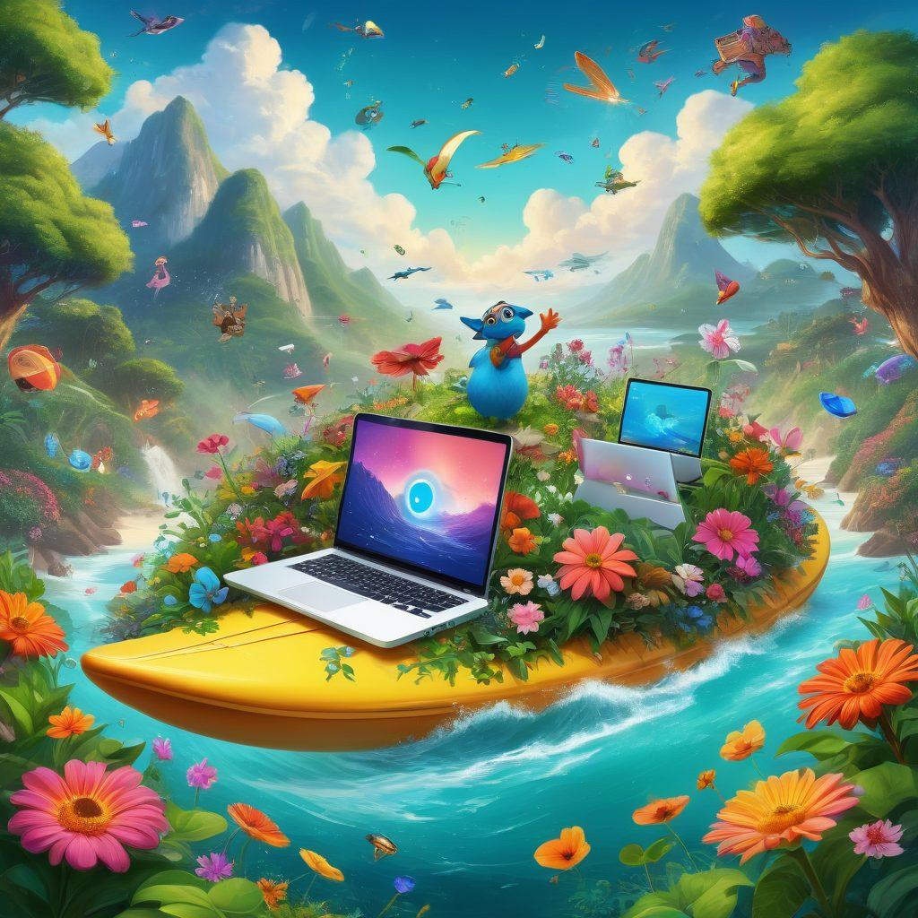 A colorful and whimsical online landscape featuring a diverse group of enchanted characters joyfully surfing the internet, surrounded by floating, playful website icons. Lush greenery and bright flowers intertwine with digital elements, symbolizing the harmony between nature and technology. Bursting colors and cheerful expressions everywhere, highlighting the freedom and joy of browsing. bright and playful. vibrant colors. digital painting.